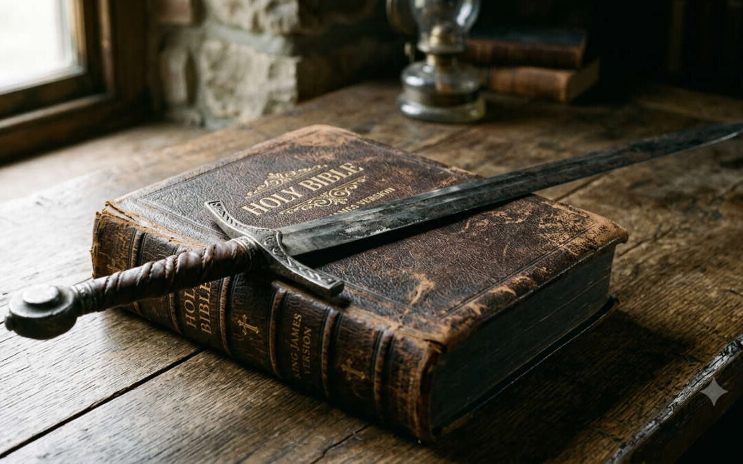 a sword laying on top of a Bible